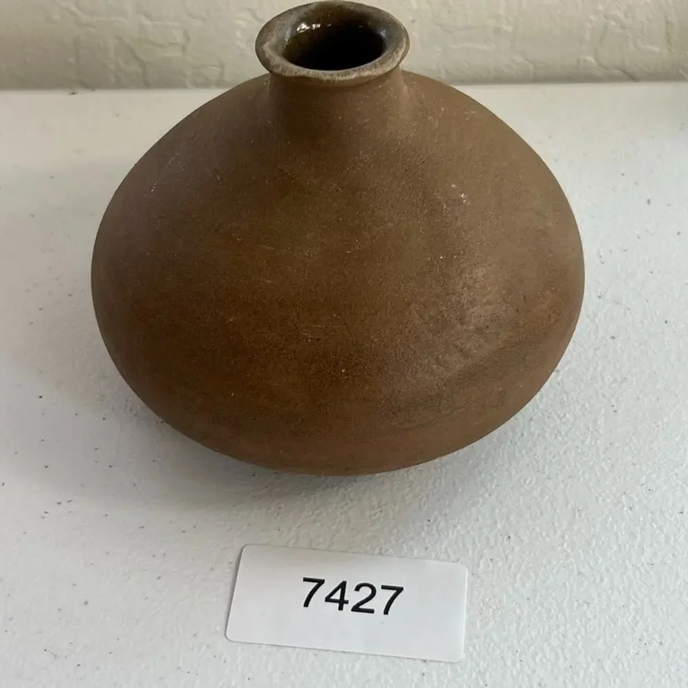 Handmade Vase Clay Brown Round Flat 1989 Signed MKS Vintage